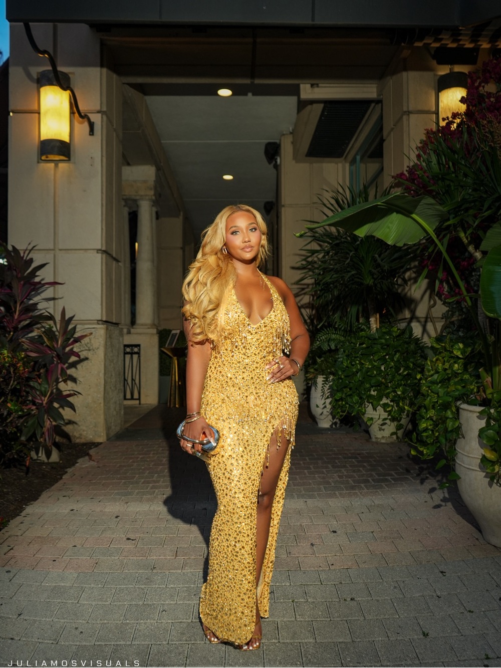 Elegant Gold Dress - Deep V, High Slit